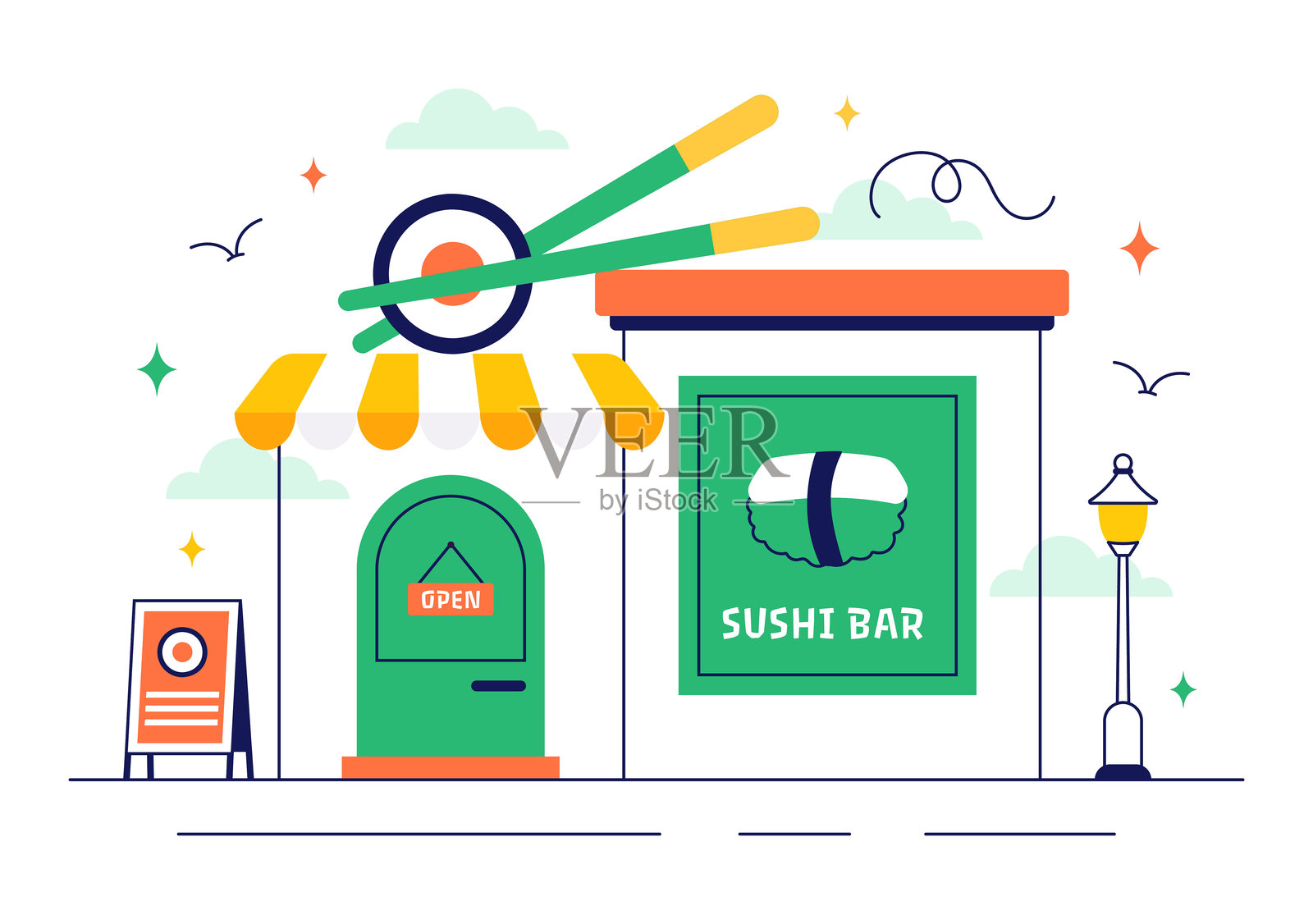 寿司吧矢量插图，展示日本亚洲美食或餐厅，配有生鱼片和米饭，搭配酱油和芥末，背景为平面设计。插画图片素材