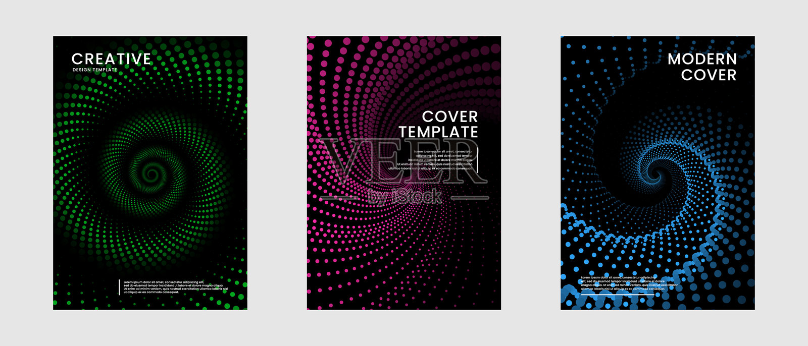 极简抽象封面套件。色彩缤纷的螺旋背景组合，带有点状线条装饰在黑暗空间中。现代图形设计元素，点状概念适用于网页横幅、传单、卡片或宣传册封面。插画图片素材