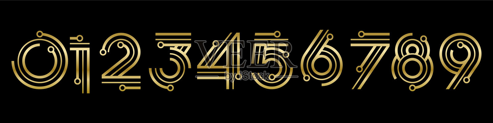 数字字体字母矢量插图。现代数字0到9的集合，带有科技元素的标志设计。金色调。插画图片素材