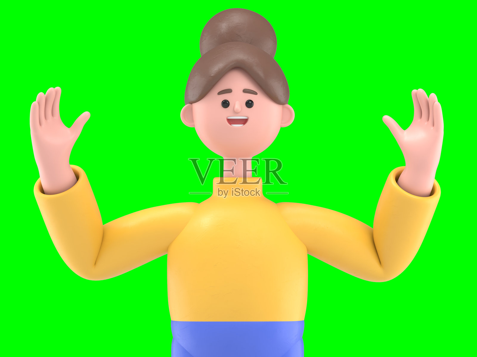 亚洲女性安吉拉庆祝成功的3D插图。绿幕模型。用于视频素材和抠图的3D渲染。照片摄影图片