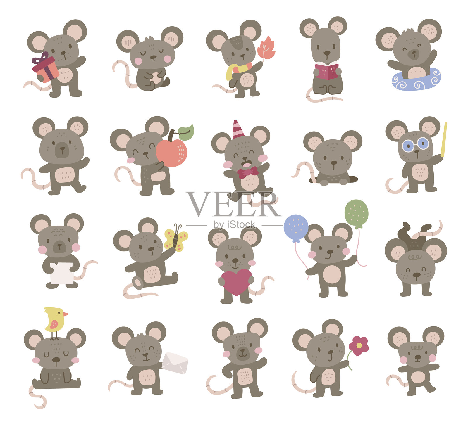 Mouse character set in charming scandinavian style, adorable cartoon rodents holding gift, flower, letter, book, balloon, and wearing party hat for creative designs projects插画图片素材