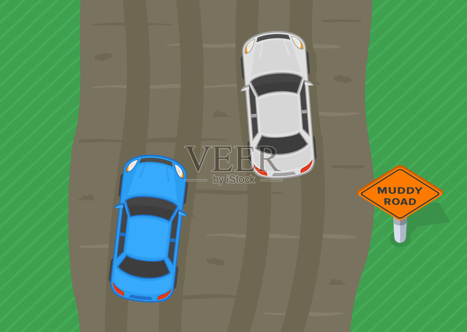 Traffic regulation rules and tips. Cars gets stuck on a country road. Top view. "Muddy road" sign area. Vector illustration template.插画图片素材