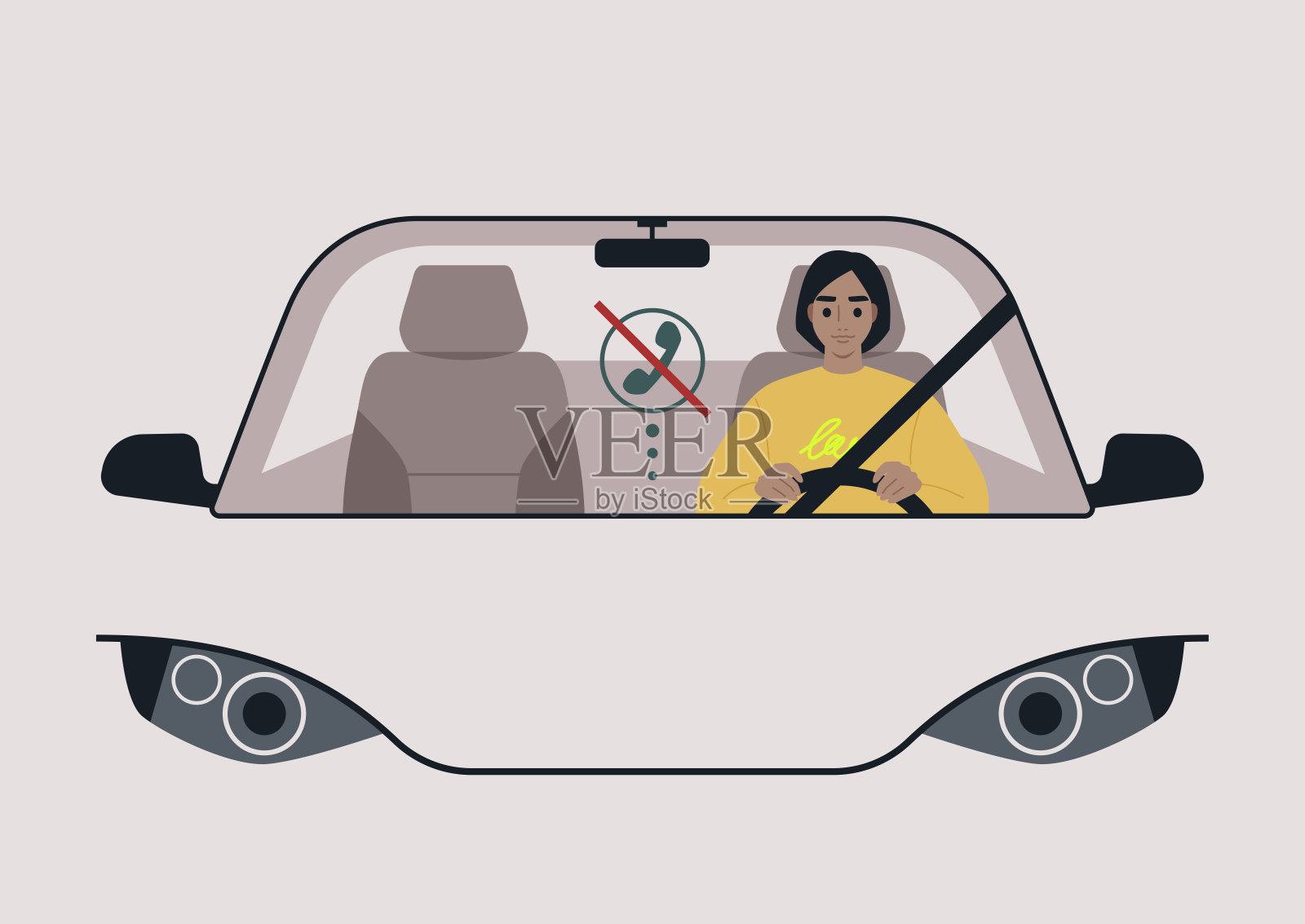 一位穿着色彩鲜艳卫衣的司机专注于道路，而不是电话，坐在一辆现代汽车中，清晰的标志显示出驾驶安全的重要性。插画图片素材