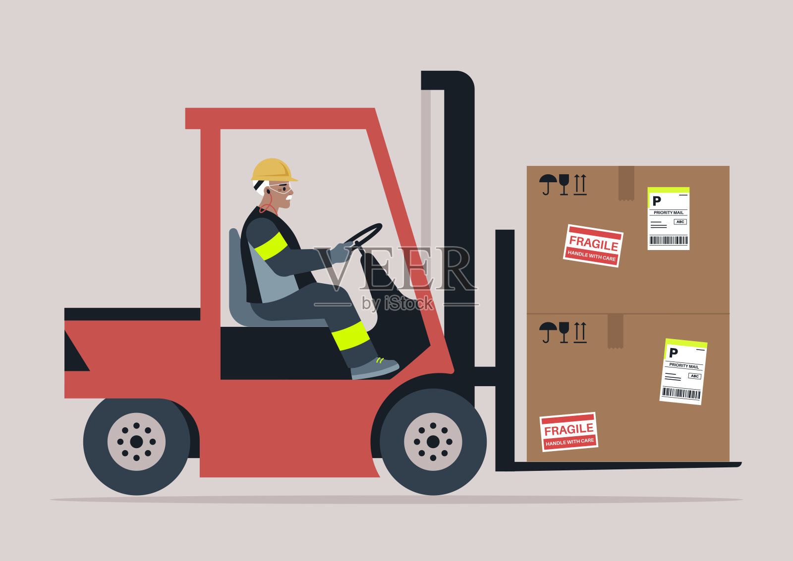 叉车司机熟练地在仓库中穿梭，运输标有易碎的箱子，突显了日常物流操作中安全与效率的重要性。插画图片素材
