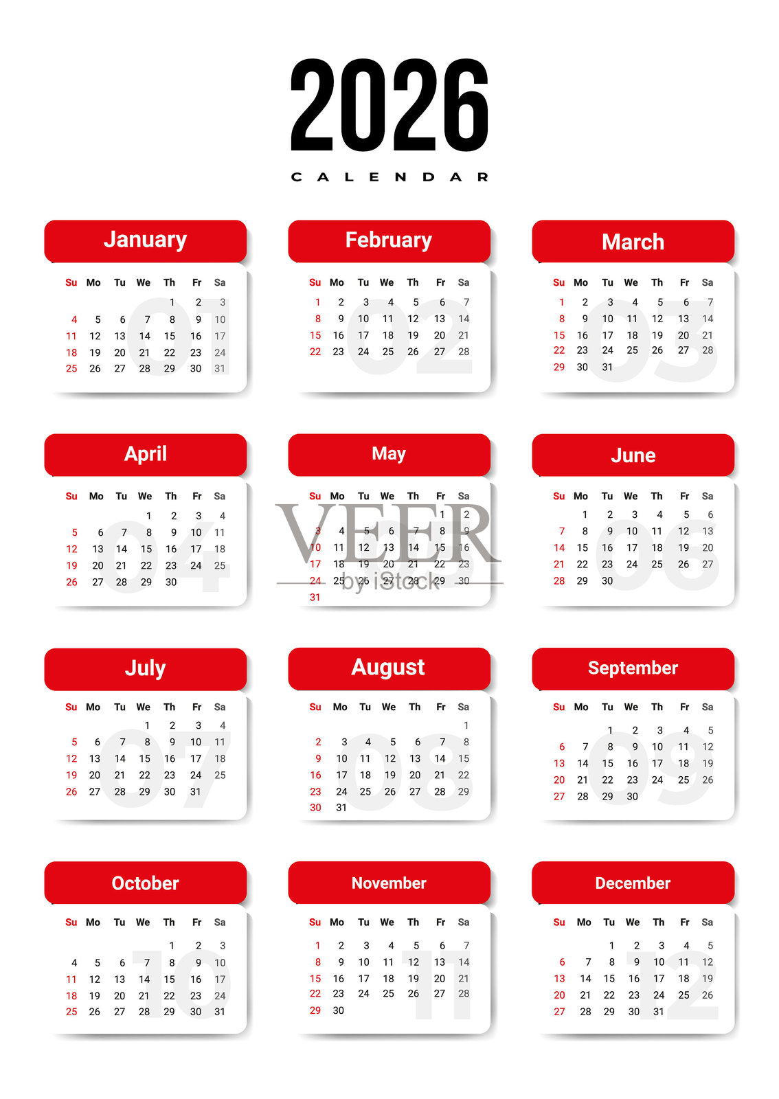 2026年日历，周日为一周的开始。适用于印刷、墙面日历和数字日历的矢量企业设计布局。适合A3、A4、A5格式。插画图片素材