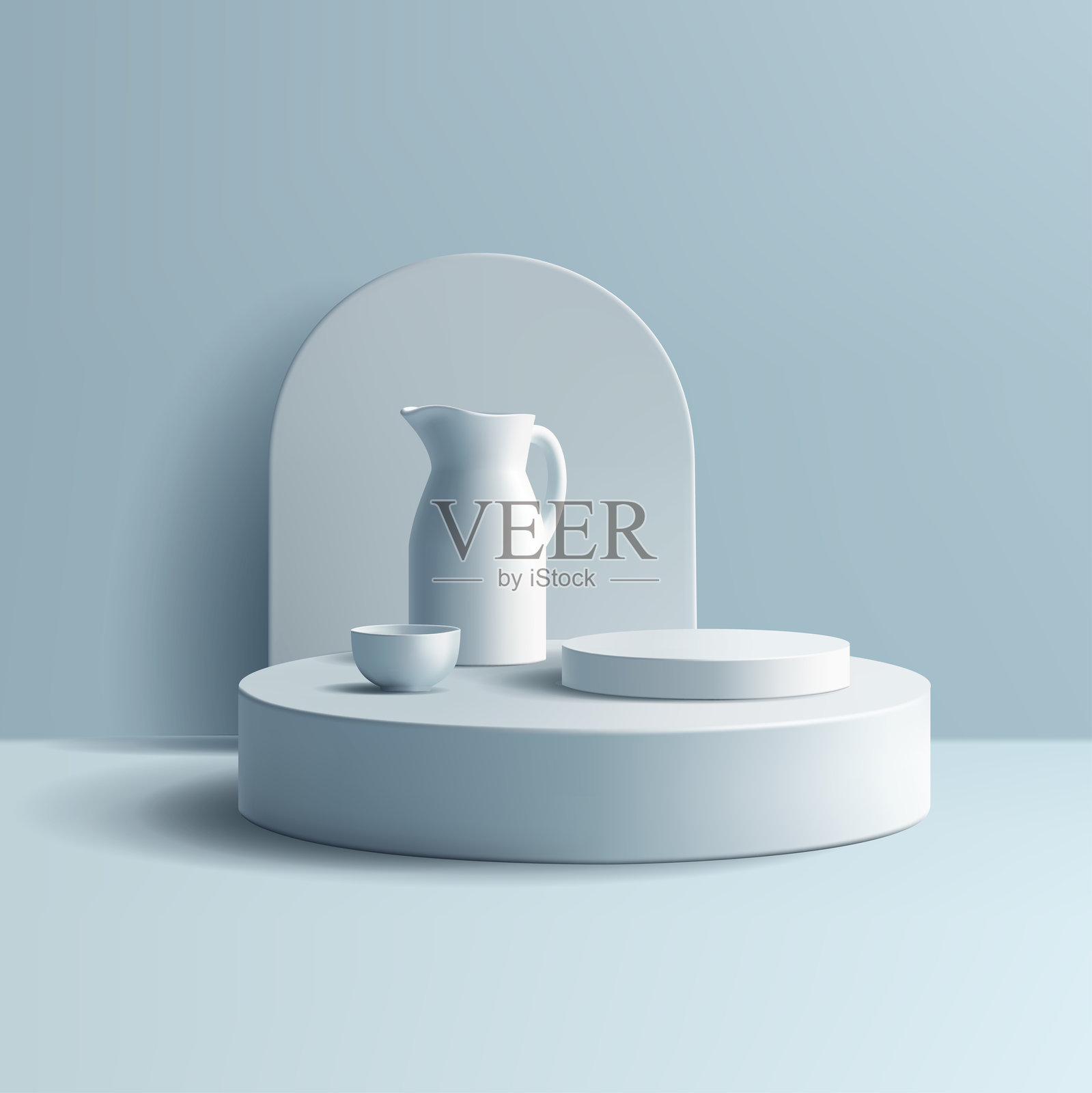 空的讲台、壶、盘子，3D效果。用于广告乳制品和饮料。柔和的蓝色。现代商品和室内场景。矢量插图。插画图片素材