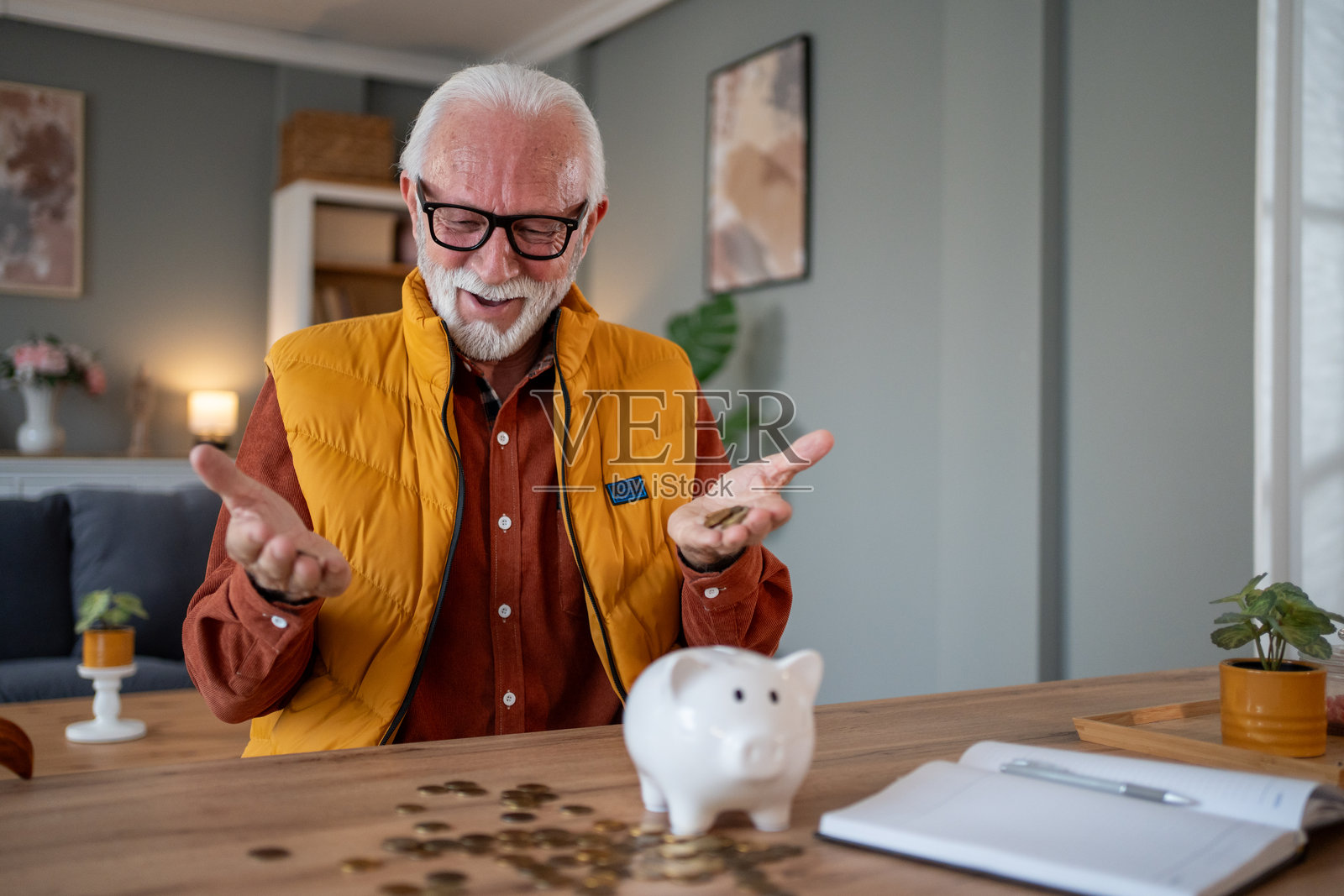 老年人在家中数硬币以储蓄退休金照片摄影图片