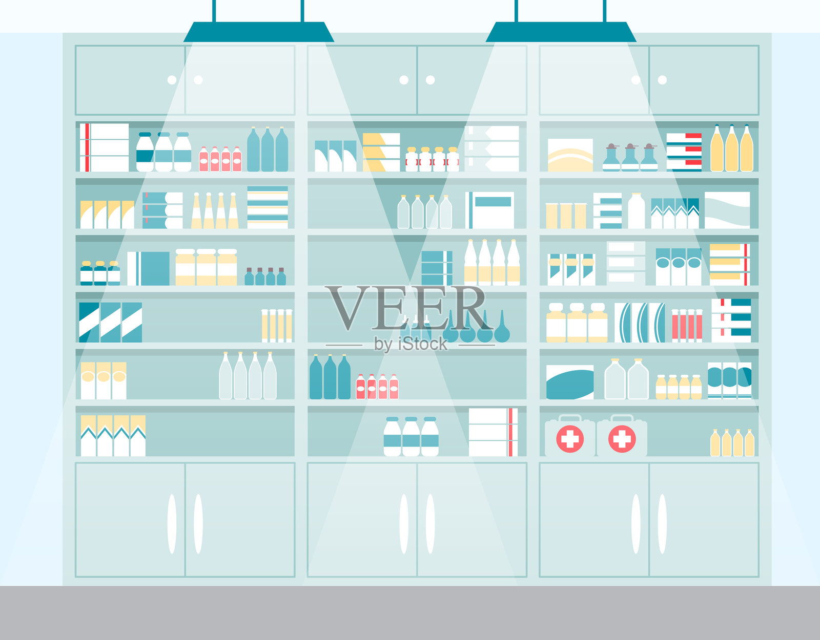 卡通色彩药店货架套装。矢量图插画图片素材