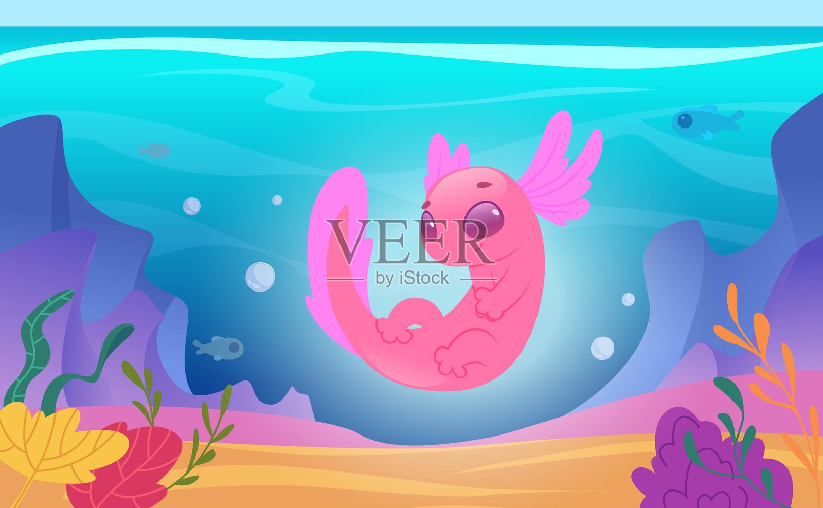 美人鱼。可爱的粉色两栖动物卡通背景插图，精确的矢量模板插画图片素材