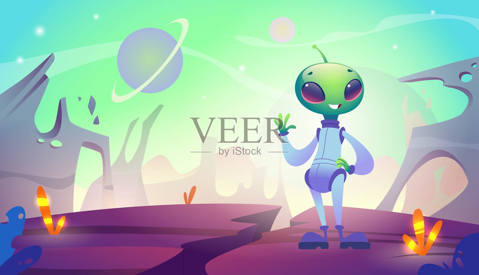 外星人。可爱的卡通吉祥物外星人，背景为太空，精确的矢量模板插画图片素材