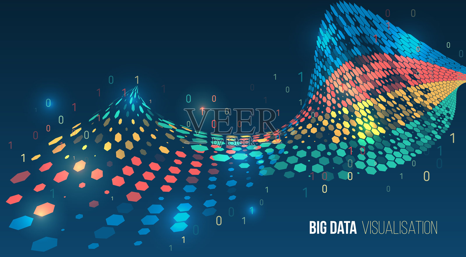 色彩斑斓的六边形表面代表着数据波动和二进制代码，背景为深蓝色。这是大数据分析和数字信息流的现代概念。插画图片素材