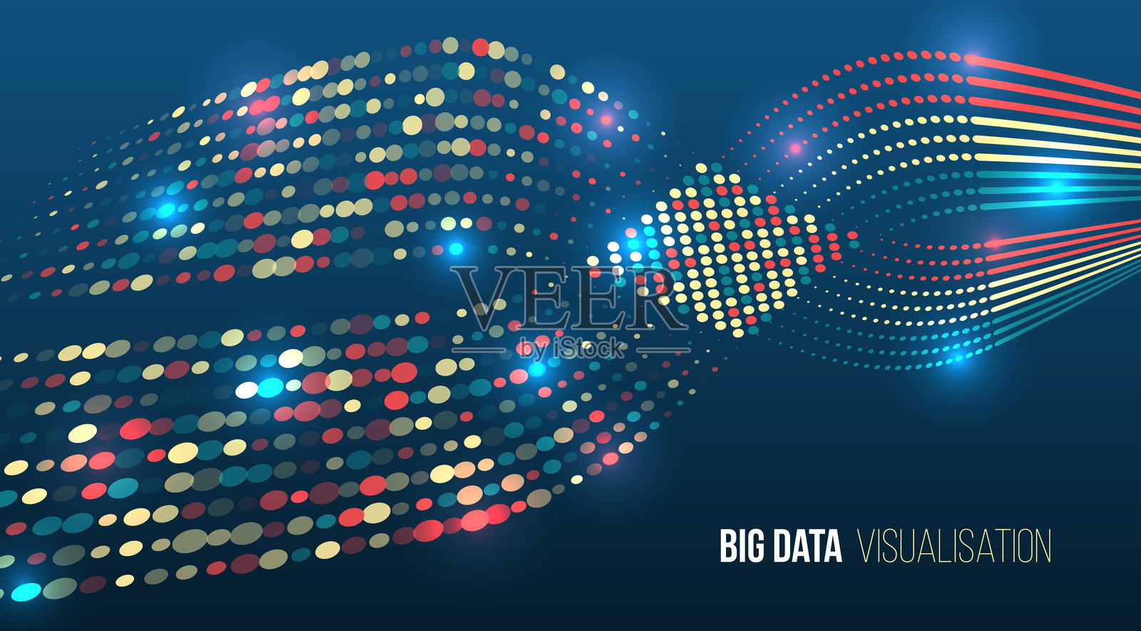 抽象的大数据可视化，带有彩色圆圈和波浪线，背景为渐变色。现代设计展示分析和信息流，适用于高科技演示。插画图片素材