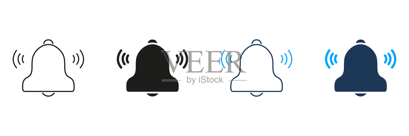 通知铃铛线条和实心图标集。用于通信和消息的警报和提醒符号集合。声音和警报指示。孤立的矢量插图。插画图片素材