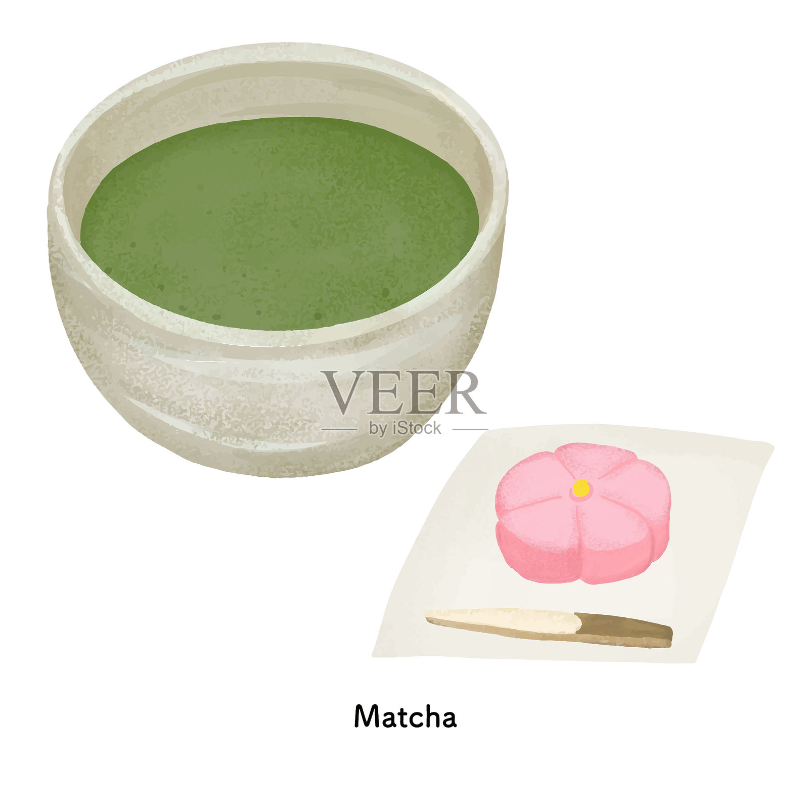 Illustration of matcha and nerikiri drawn with colored pencils插画图片素材