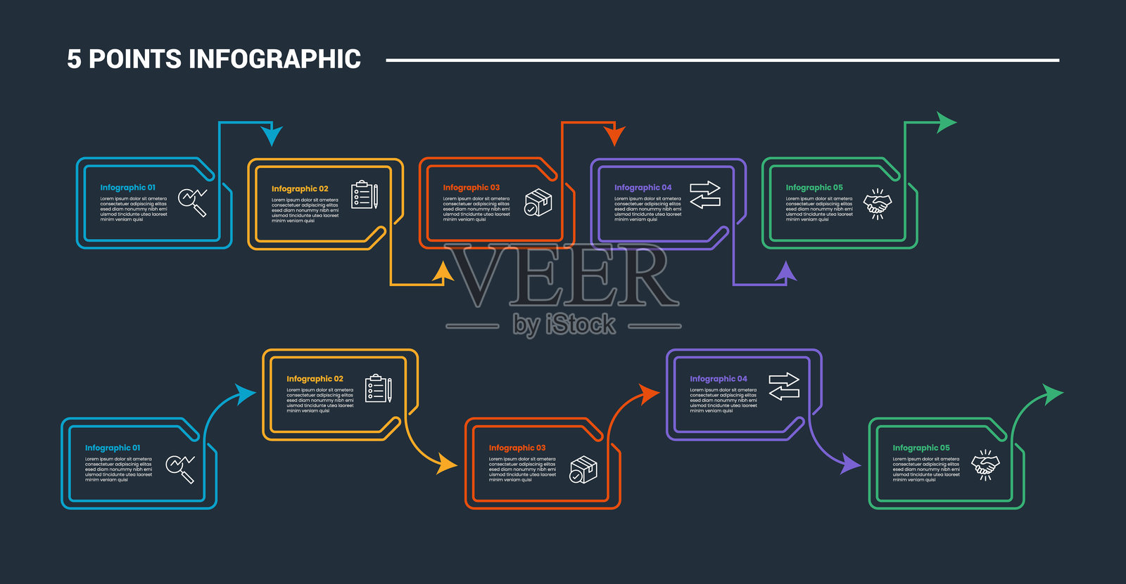 五阶段信息图流程图，文件夹形状，上下双线，深色背景，明亮轮廓风格插画图片素材