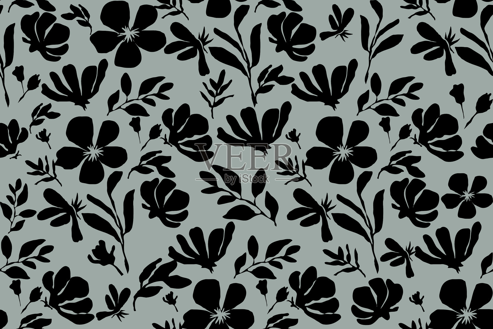 花卉无缝背景。极简抽象花卉图案。以黑白色为背景的现代印刷品。非常适合用于纺织品设计、壁纸、封面、卡片、邀请函和海报插画图片素材