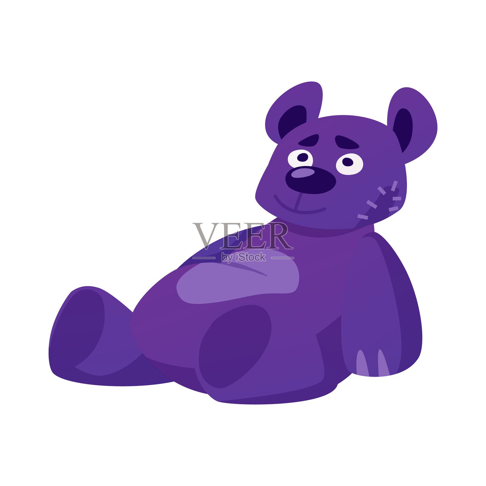 有补丁的旧泰迪熊，卡通动物玩偶，孤独被丢弃的伤心毛绒熊玩具坐着的矢量平面插图插画图片素材