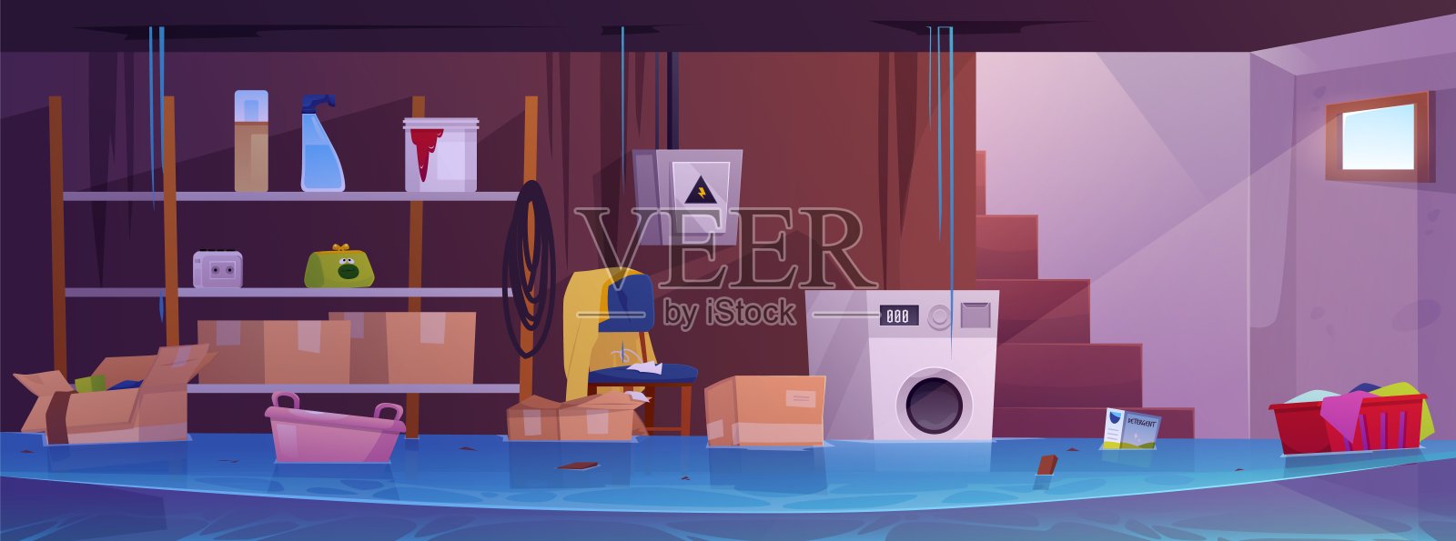 洪水淹没的地下室房间内部，储藏室内有家具，洗衣机漂浮在水中，矢量插图插画图片素材