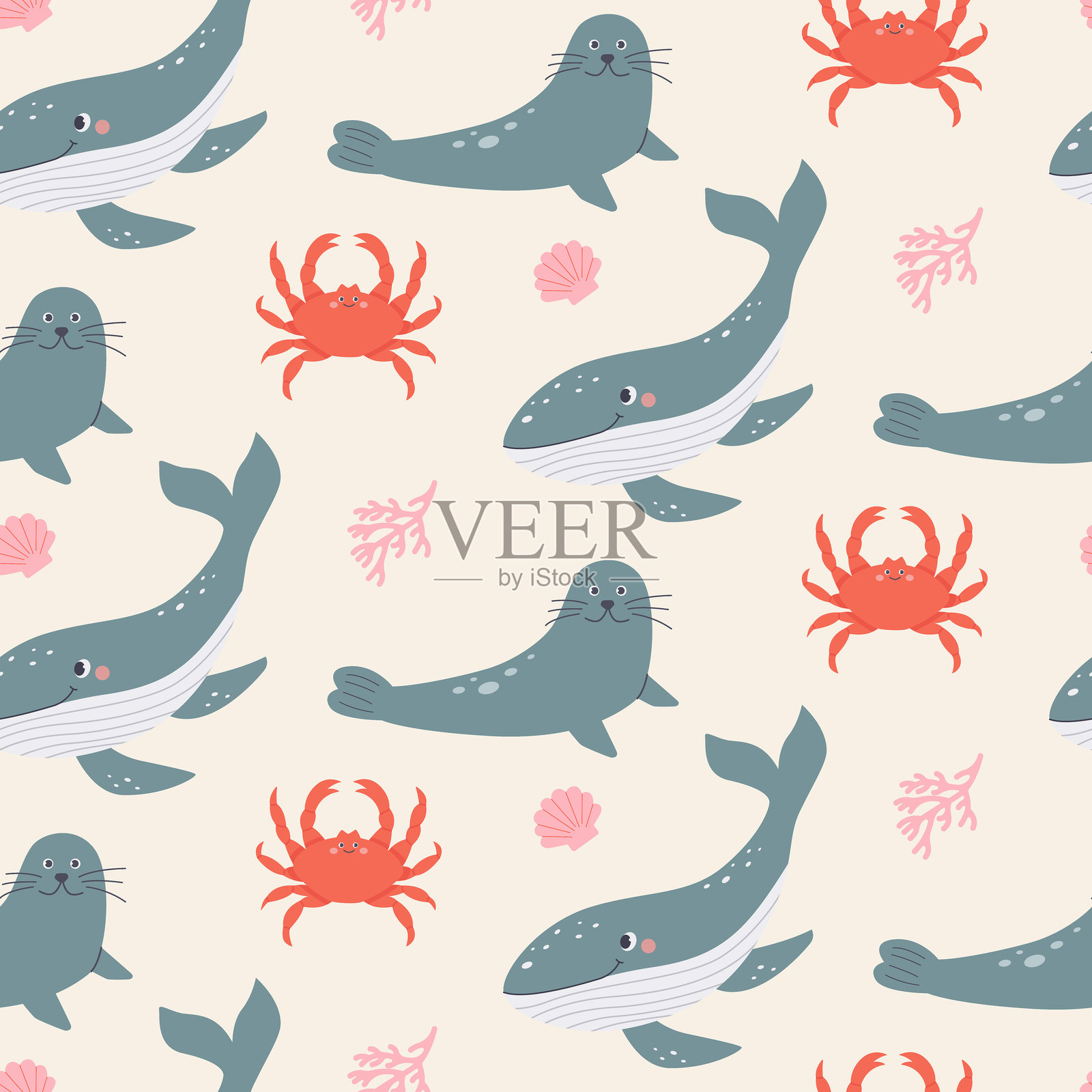 海洋矢量无缝图案。海洋生物。儿童图案设计。可爱的卡通背景插画图片素材