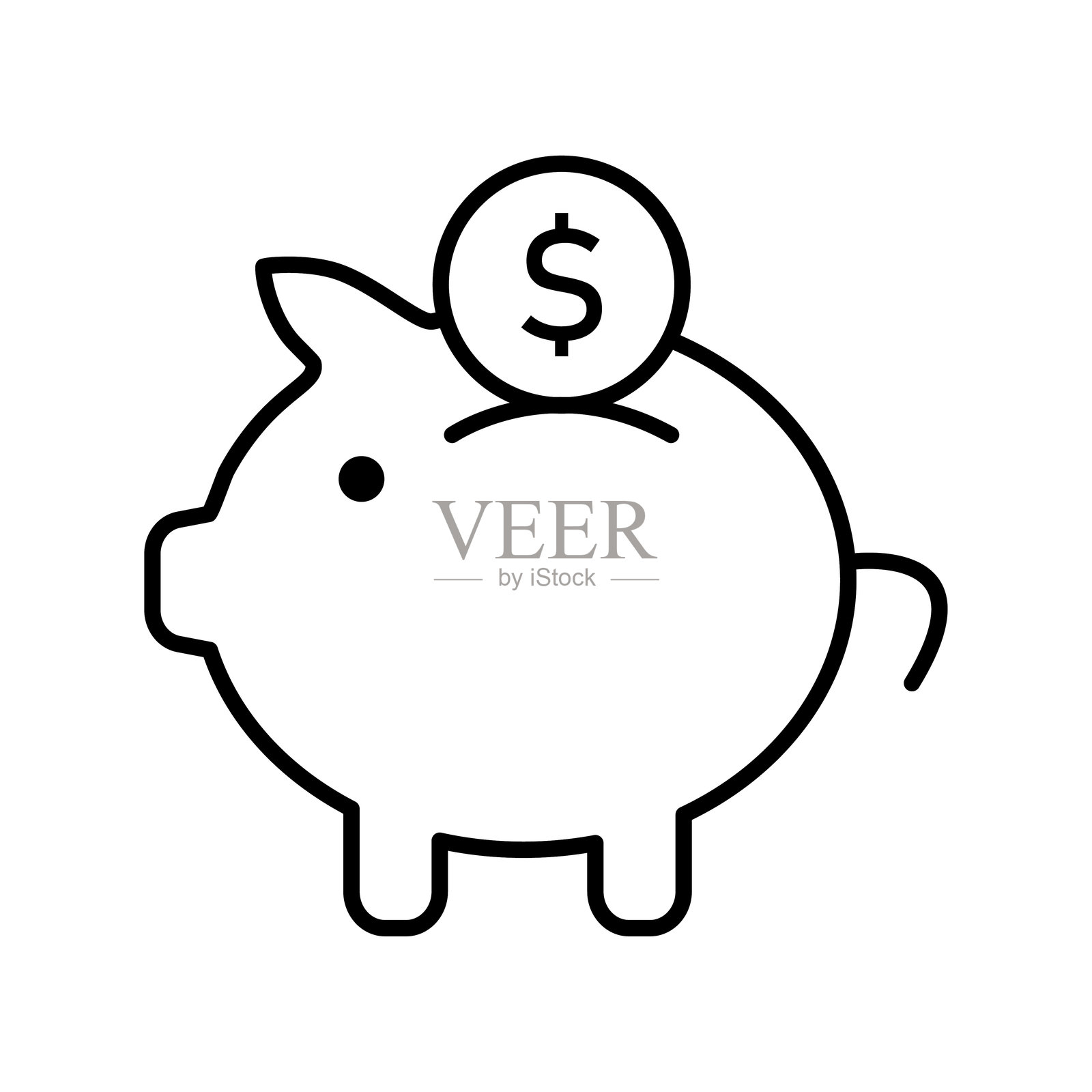 储蓄罐图标，带有硬币和美元符号。黑色线条矢量插图。储蓄和金融概念。适用于横幅、贴纸、印刷品、海报、卡片和邀请函的设计。扁平图标视图。插画图片素材