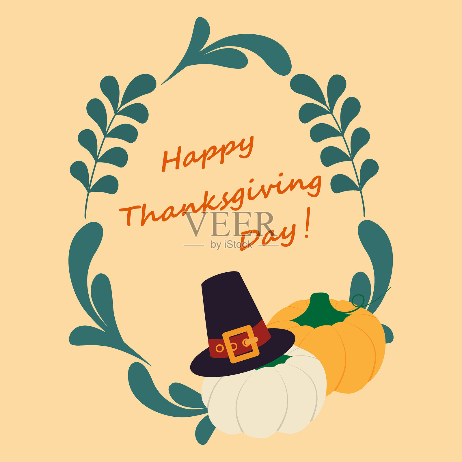 绿色叶子和树枝，搭配南瓜、朝圣者帽子和“快乐感恩节”文字，椭圆形框架边界插画图片素材