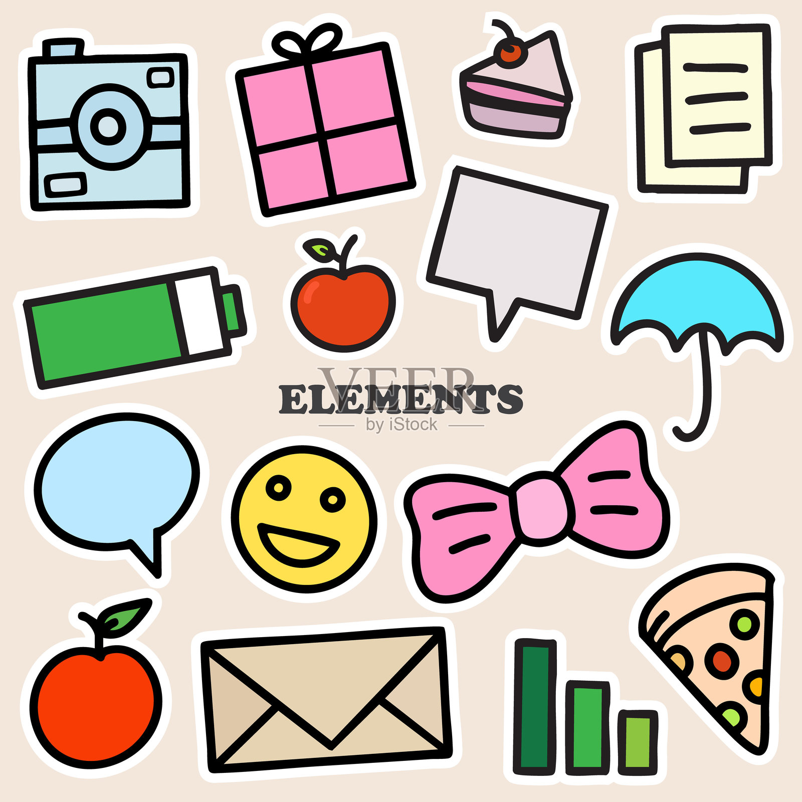 手绘彩色线条标记元素集。素描铅笔笔触矢量图形，笔下划线涂鸦图标。手绘线条心形、皇冠、星形符号高亮标记形状。矢量插图。插画图片素材