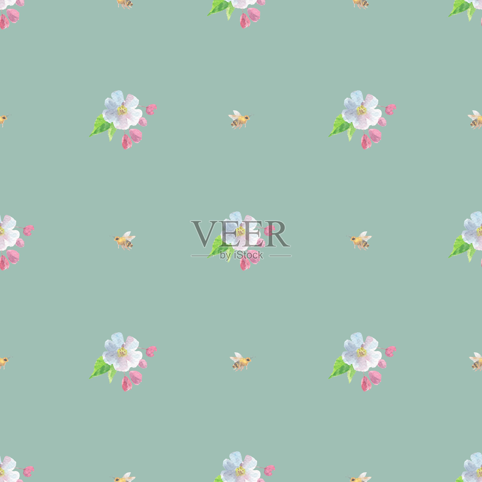 灰绿色背景上的苹果花和蜜蜂无缝图案。手工水彩插图。适用于包装设计、卡片、封面、印刷品、产品标签和面料。插画图片素材