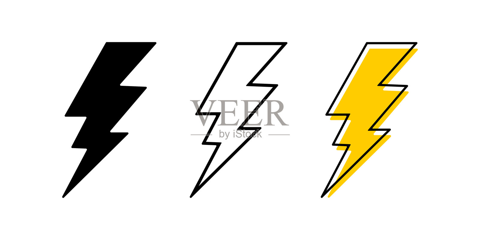 一组螺栓图标。白色背景上孤立的闪电标志集合。手电筒、能量、电池充电、电力或危险效果符号。矢量图形插图。插画图片素材
