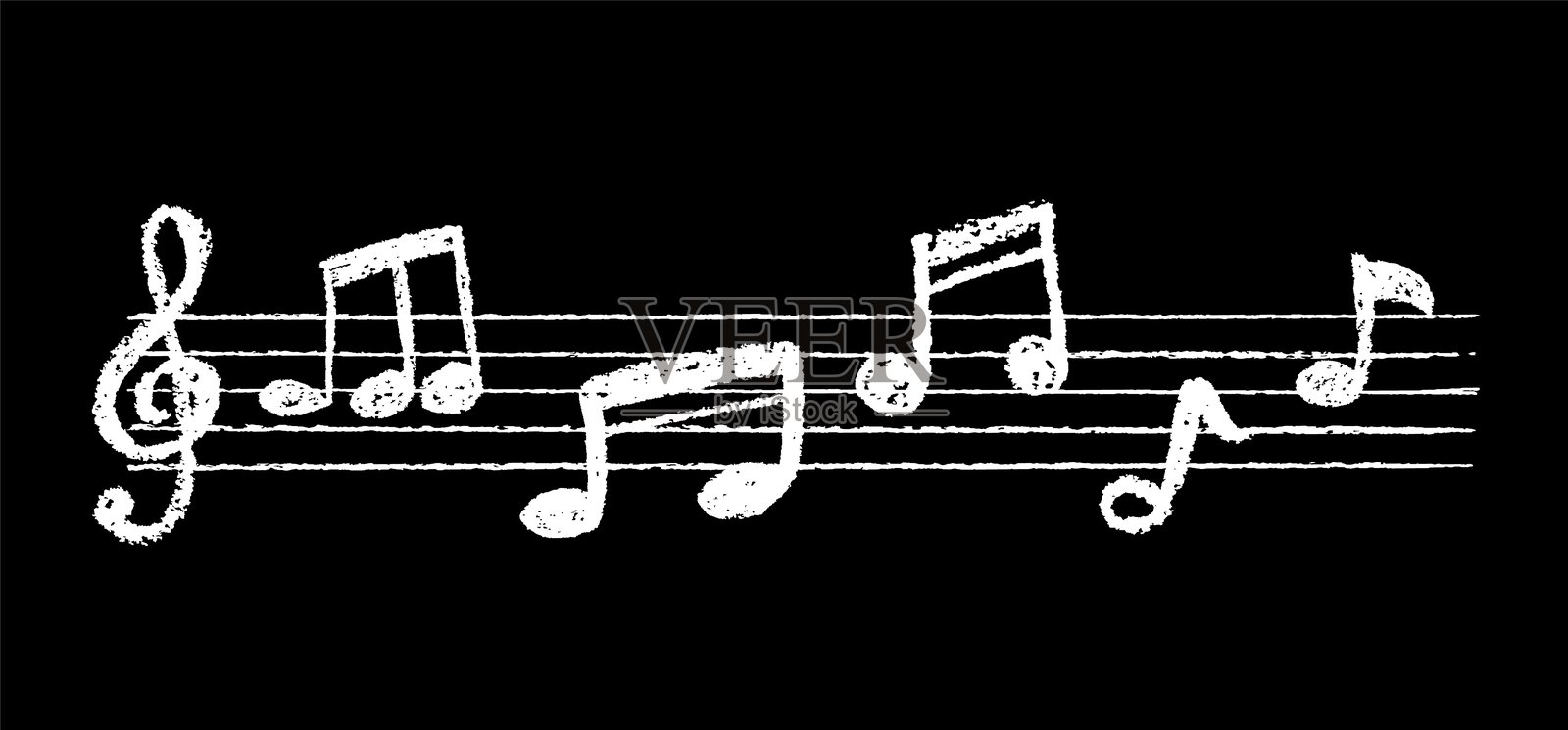 黑色黑板上的白色炭笔涂鸦音乐符号。手写的流行设计，包含音符和干净的线条。可爱的儿童音乐学校或幼儿园的白色粉彩或蜡笔标志。插画图片素材