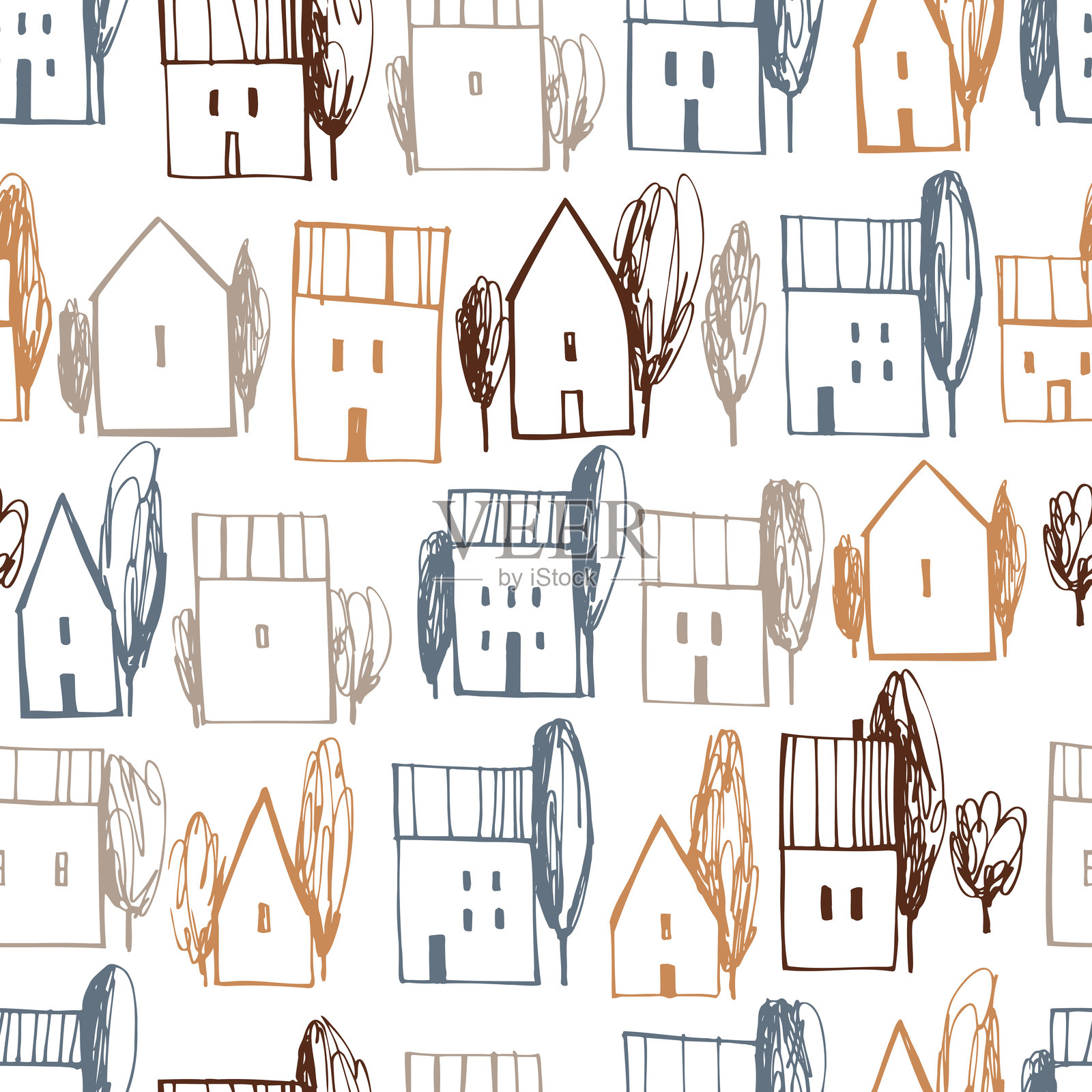 带有房屋和树木的矢量图案。插画图片素材