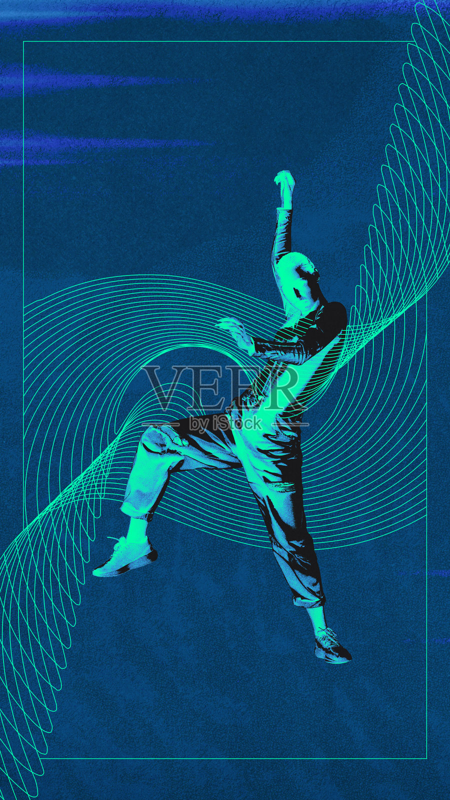 动态的野兽派舞者剪影，背景为蓝色，伴有旋转的绿色图案照片摄影图片