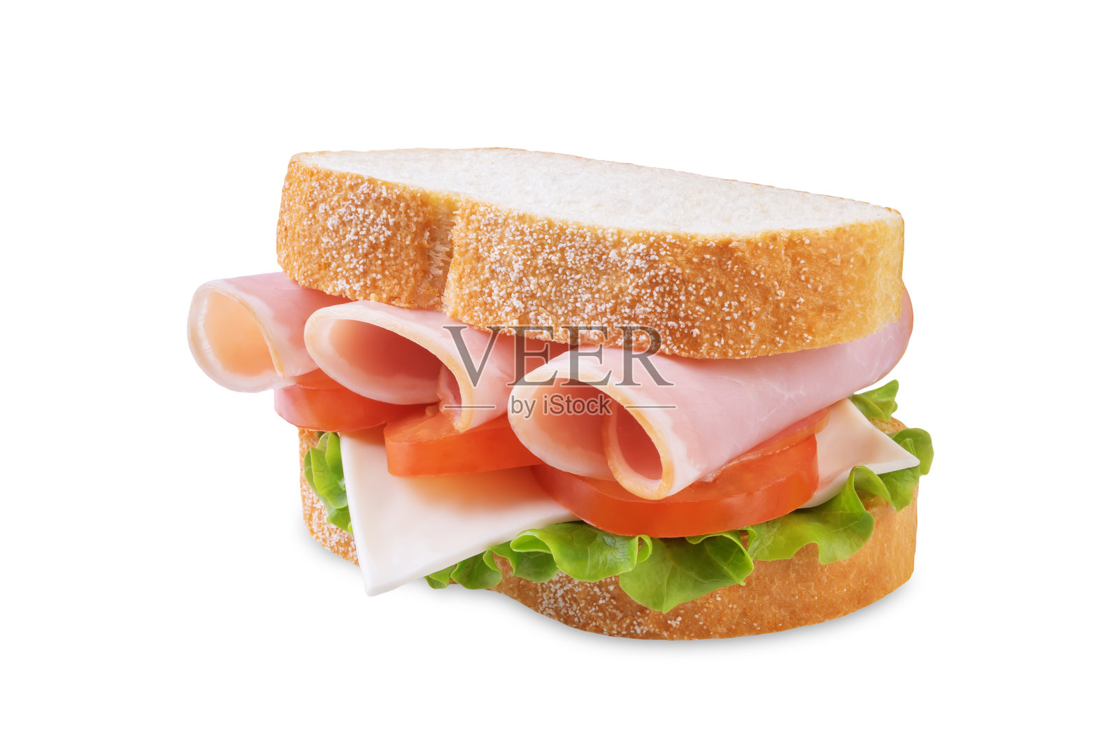白色背景上的火腿、奶酪和生菜三明治照片摄影图片