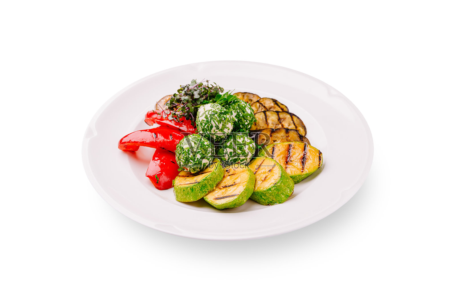 美味的烤蔬菜配香草奶酪球照片摄影图片