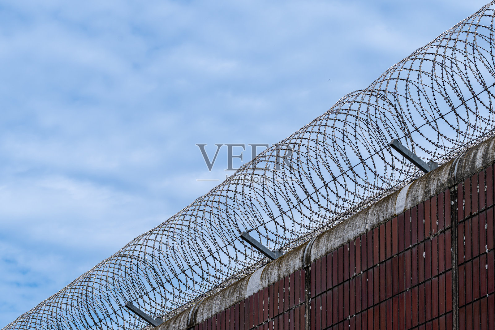 墙上的螺旋刺铁丝照片摄影图片