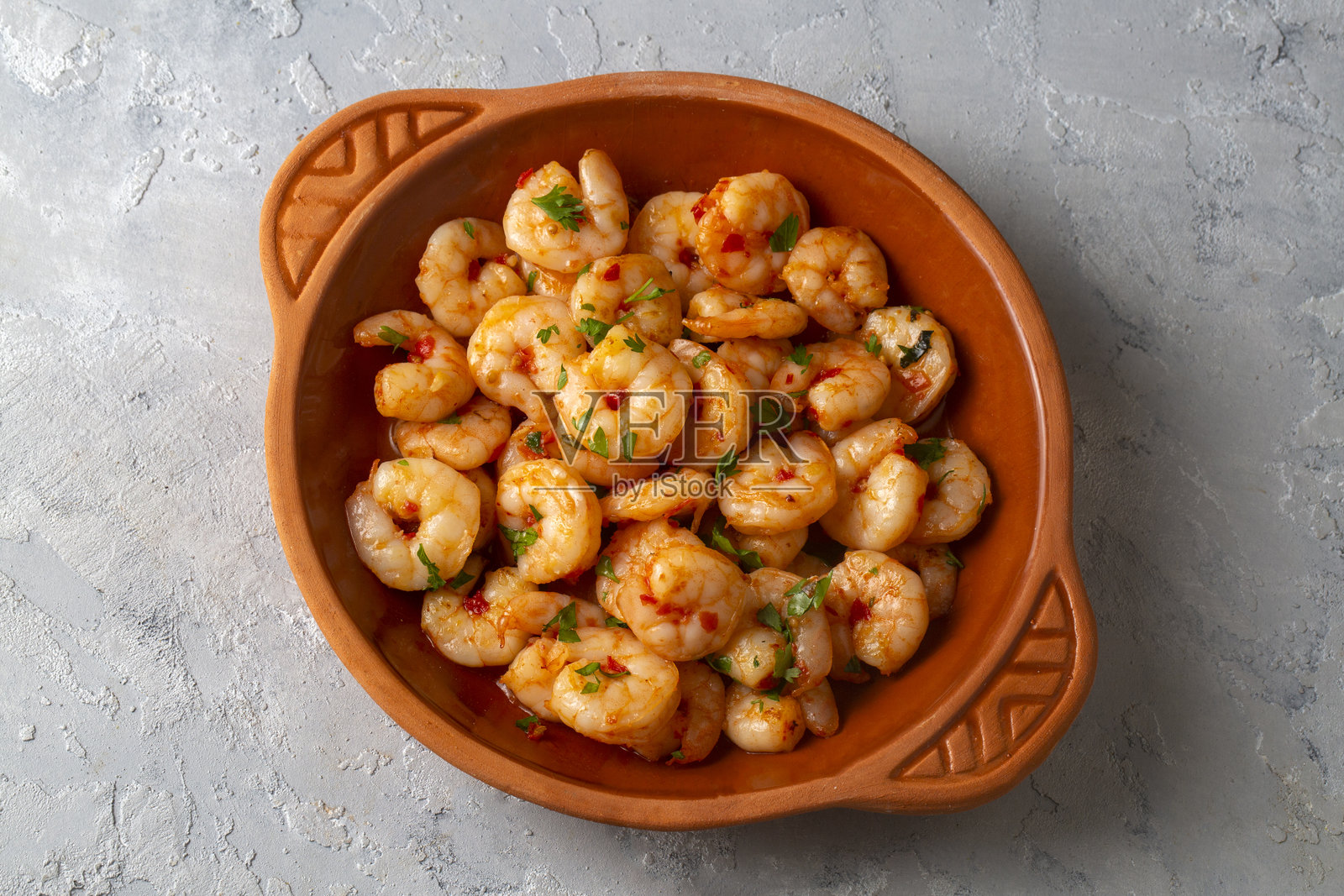 美味的海鲜，烤虾 - 虾煎锅照片摄影图片