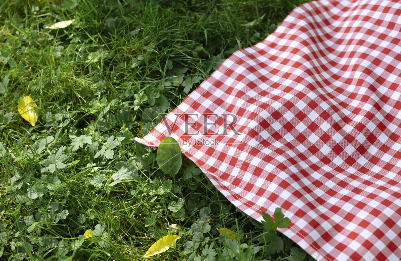红色野餐布在草地上的特写。空白的食品广告背景。户外的格子桌布，格子毛巾。照片摄影图片