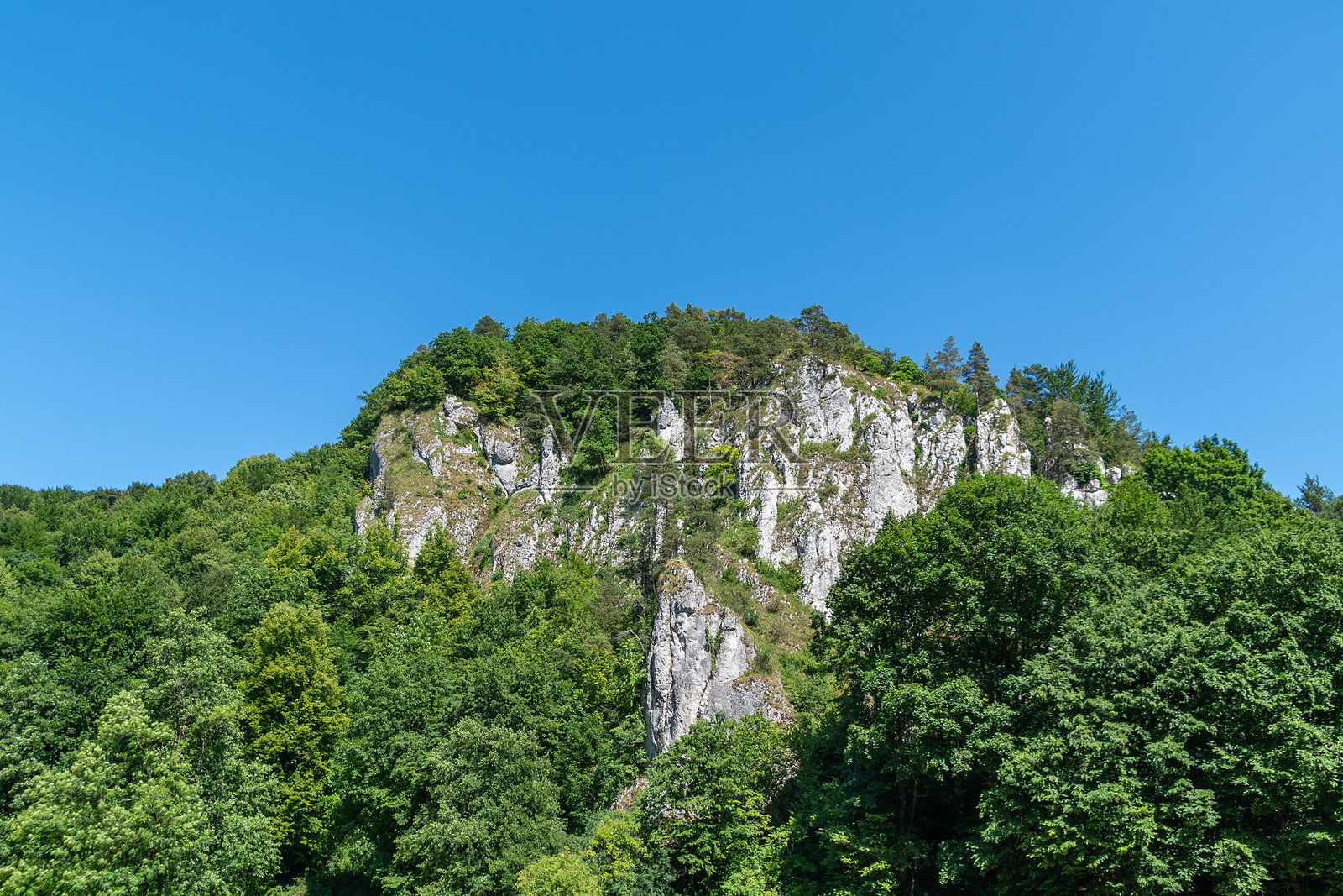 雄伟的岩石悬崖被郁郁葱葱的森林和湛蓝的天空环绕照片摄影图片