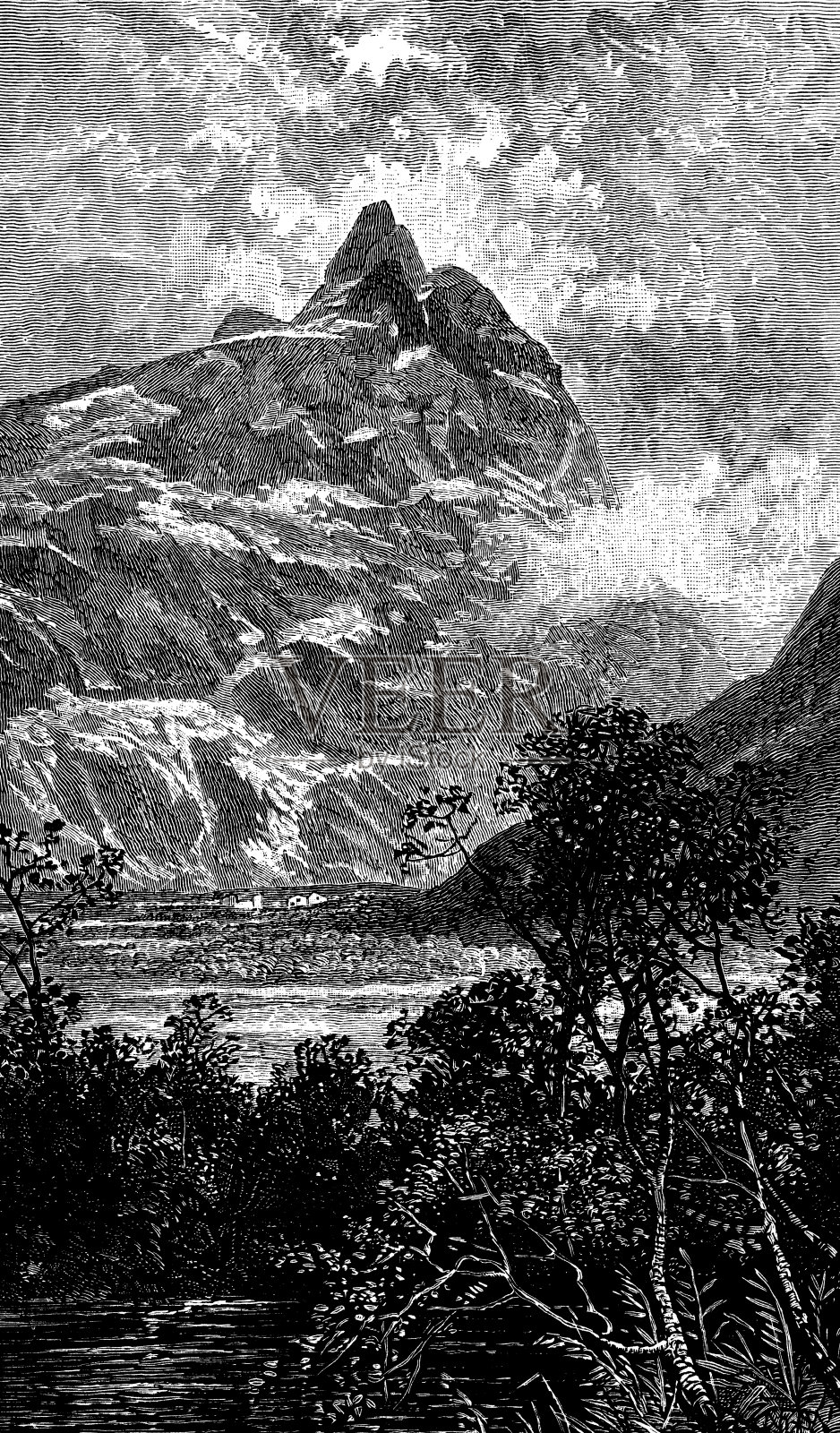 挪威罗姆斯达尔的罗姆斯达尔山谷中的罗姆斯达尔霍尔特山 - 19世纪插画图片素材