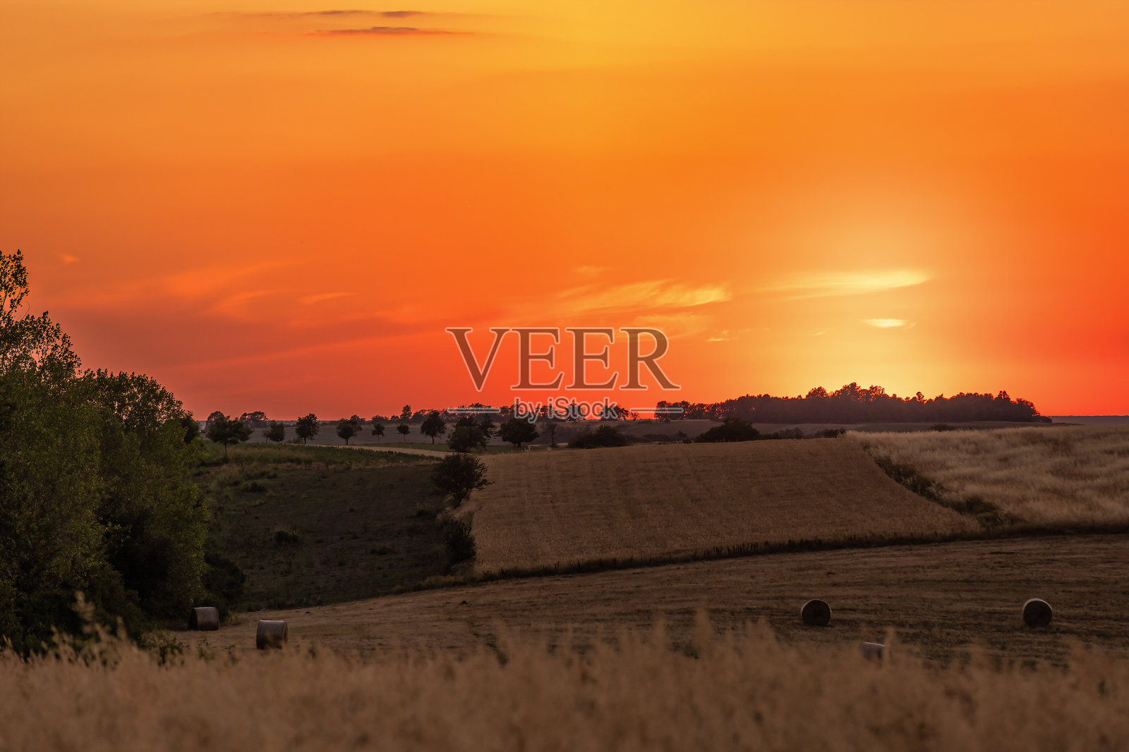 日落时的沙漠风景 – 岩石山丘、开阔的道路和金色麦田在戏剧性的天空下照片摄影图片