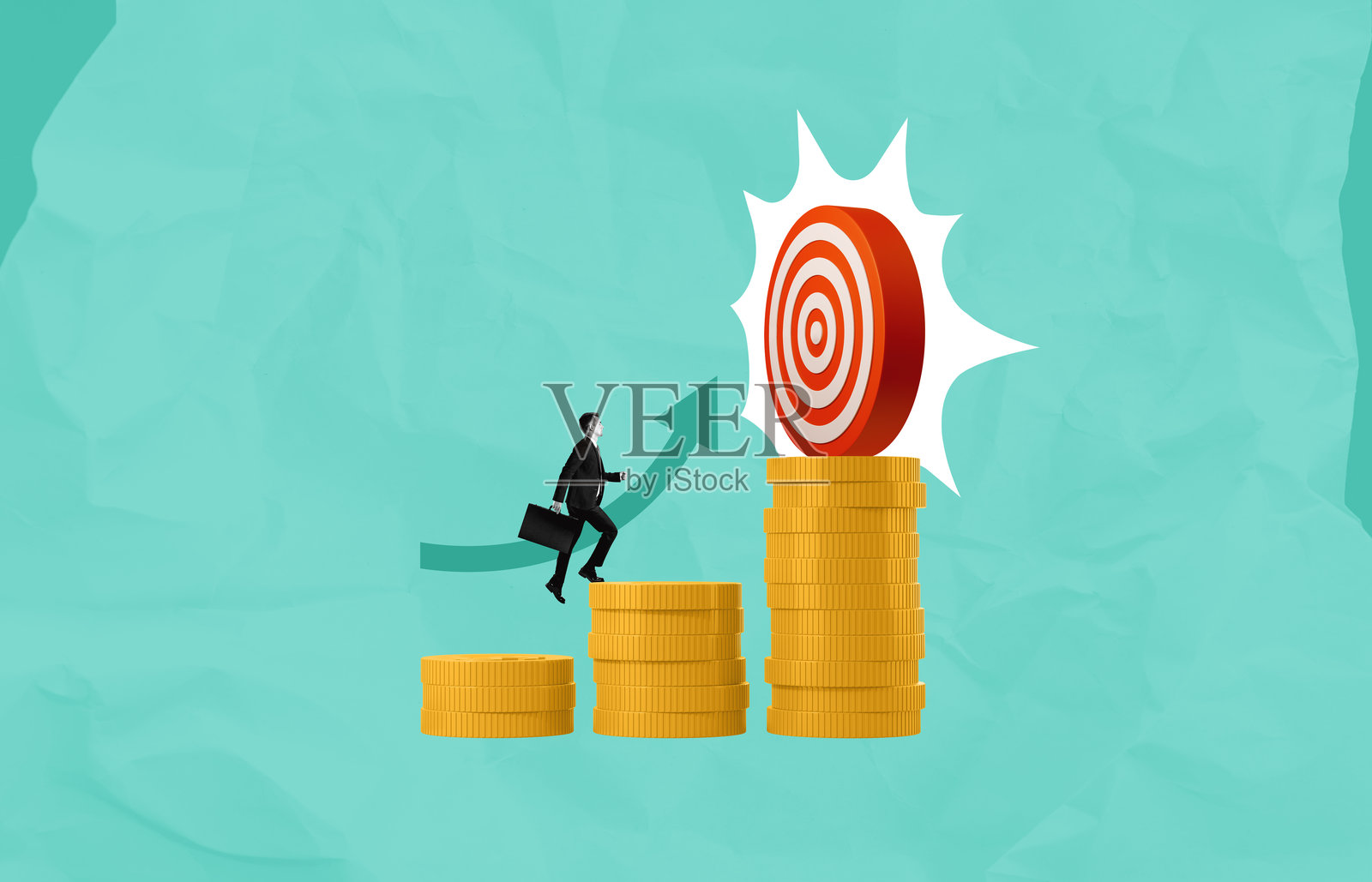 商人攀爬硬币堆，瞄准象征成功的目标照片摄影图片