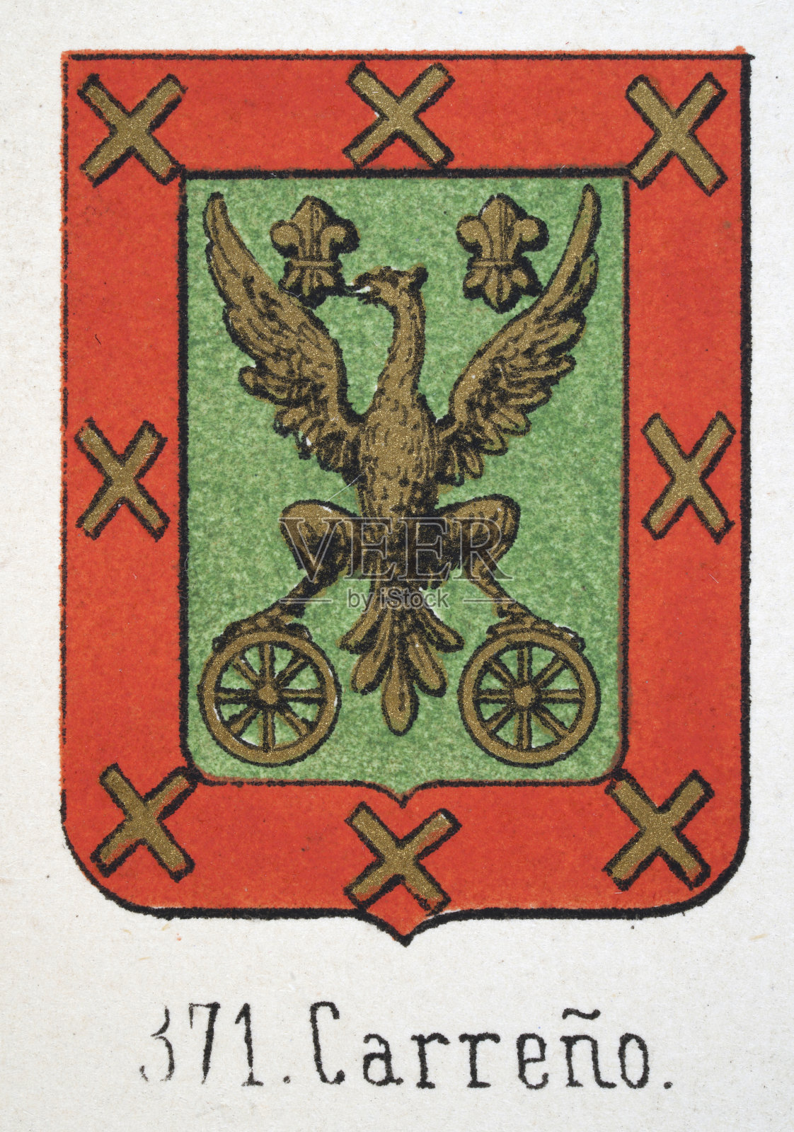 中世纪纹章，徽章，带有金色展开翅膀的鹰的盾牌，西班牙，复古插图插画图片素材