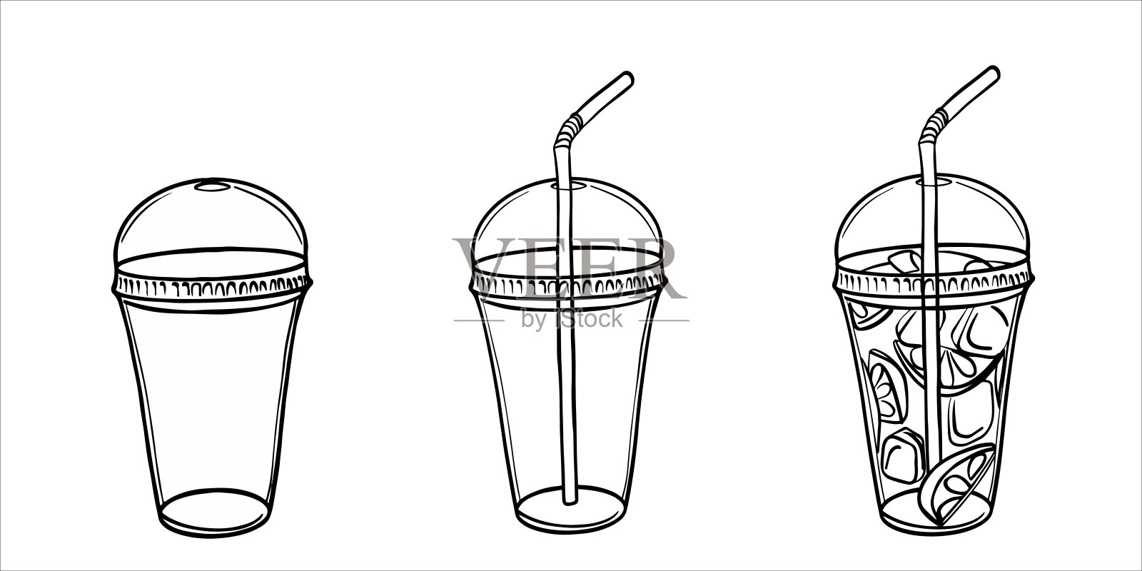 一套用于冷柠檬水的塑料杯。黑色墨水绘制的外轮廓图。手绘矢量插图轮廓。带吸管的空透明塑料杯用于柠檬水。插画图片素材