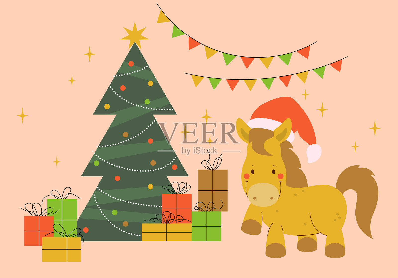 圣诞快乐。带有蝴蝶结和丝带的礼物。五彩缤纷的礼品盒堆叠在一起，马，圣诞树。背景上孤立的包装礼品盒组合。2026年马年。戴着圣诞老人帽的马。插画图片素材