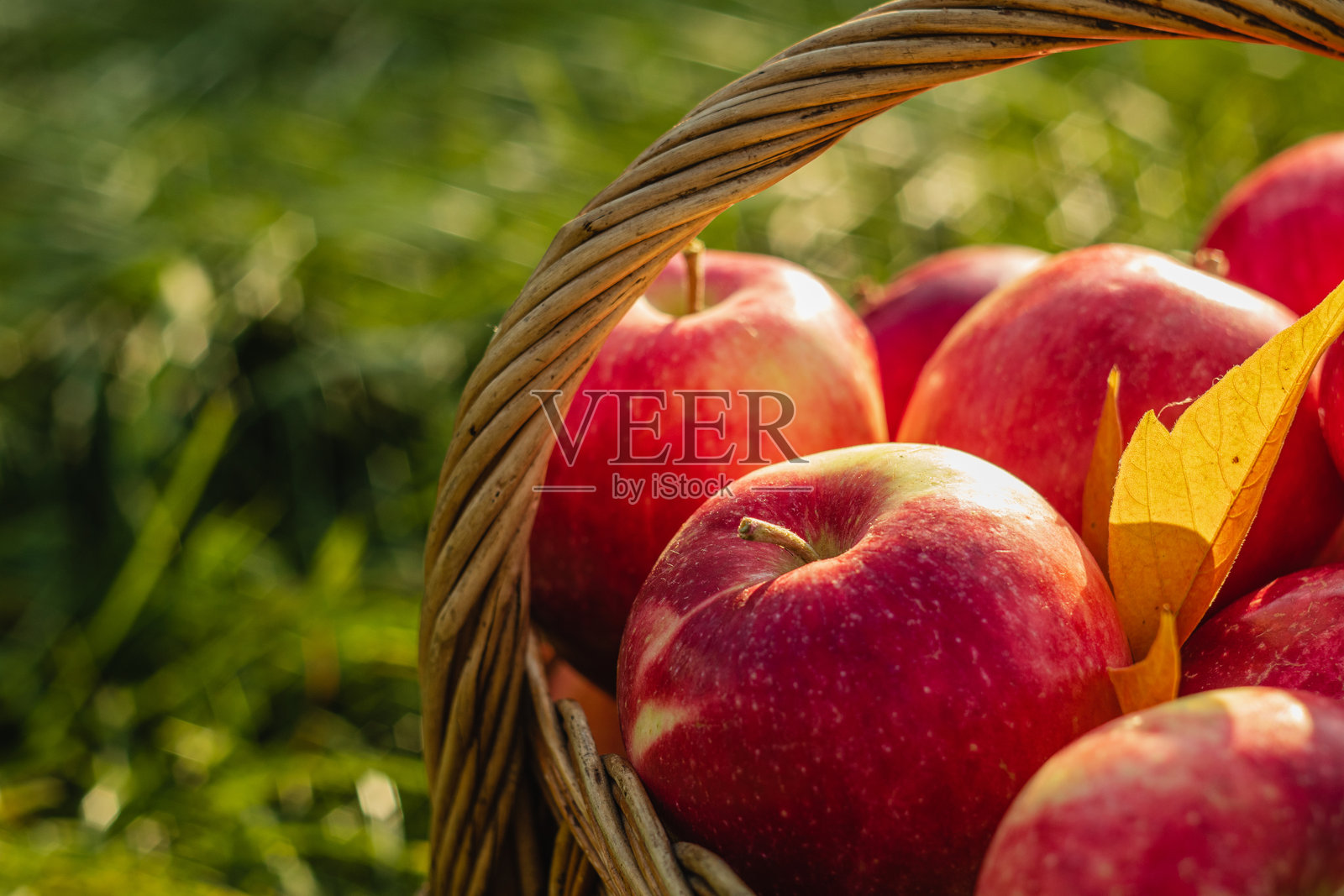 温暖灯光下模糊背景中的红苹果特写放在篮子里。照片摄影图片