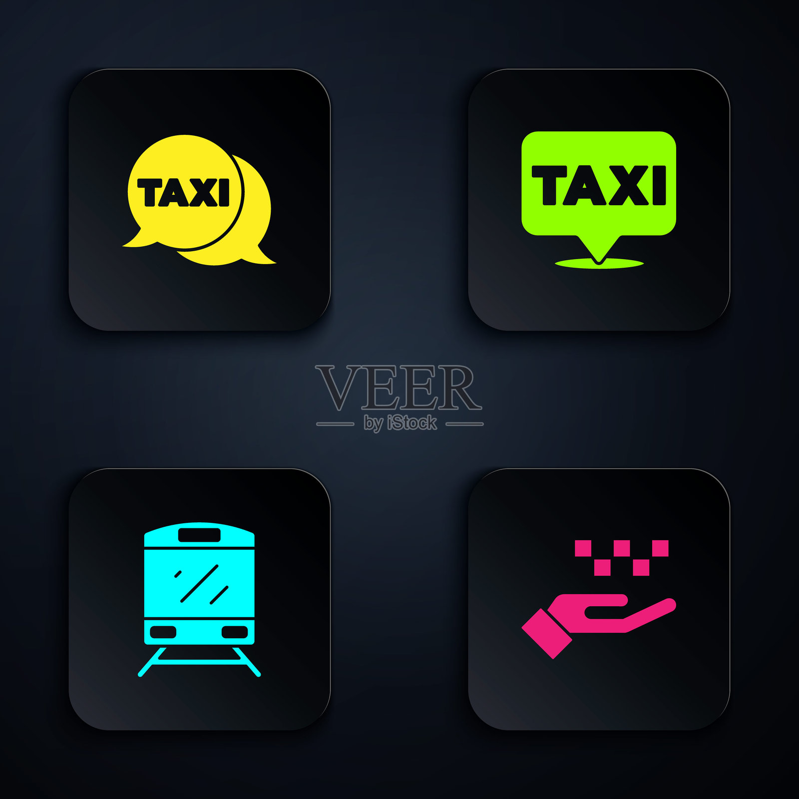 带有出租车、出租车呼叫电话服务、火车和位置的手设置。黑色方形按钮。矢量图。插画图片素材