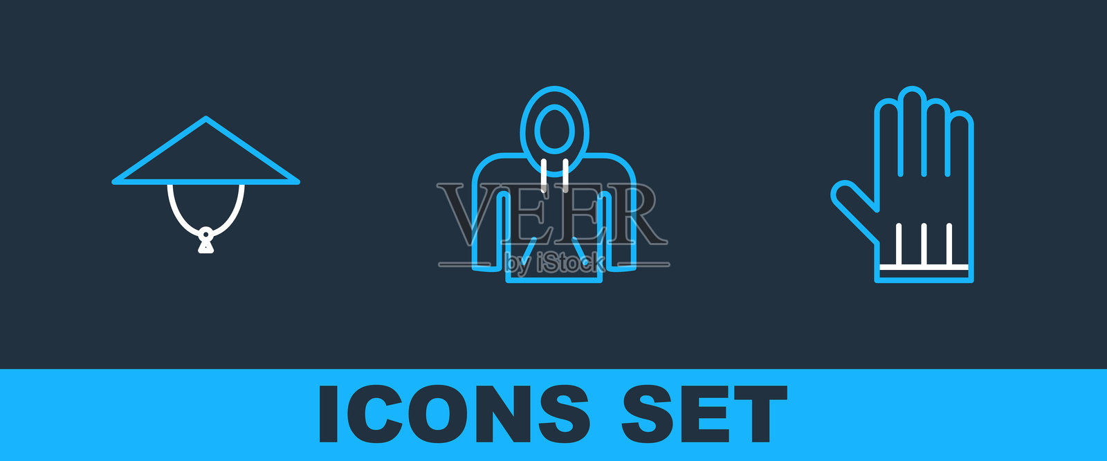 皮革手套、亚洲斗笠和连帽衫图标。矢量图。插画图片素材