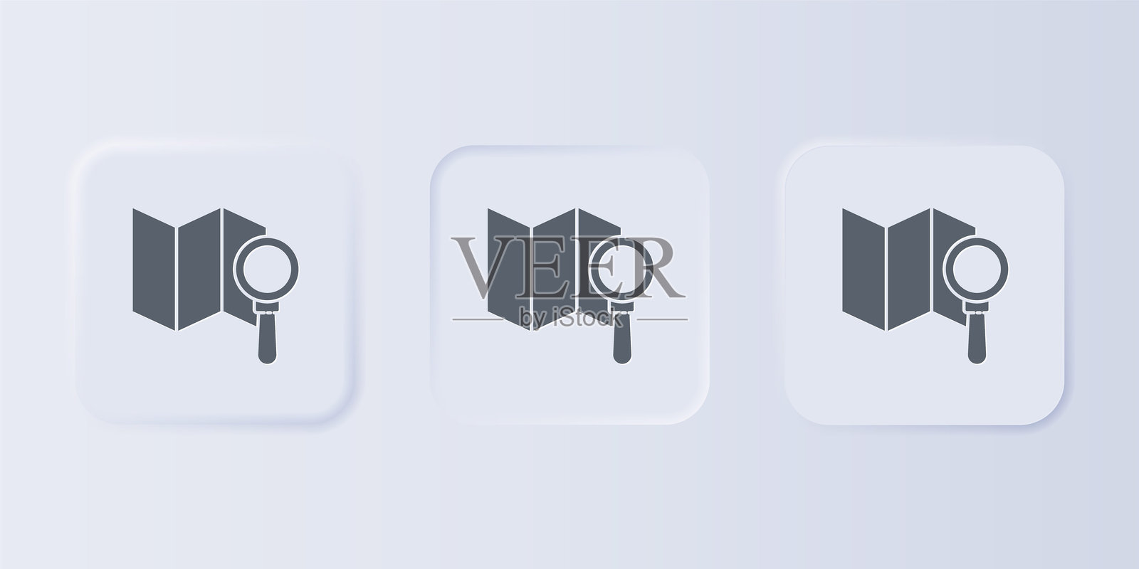 灰色搜索位置图标，背景为灰色。放大镜与指示标志。方形按钮中的图标集合。插画图片素材