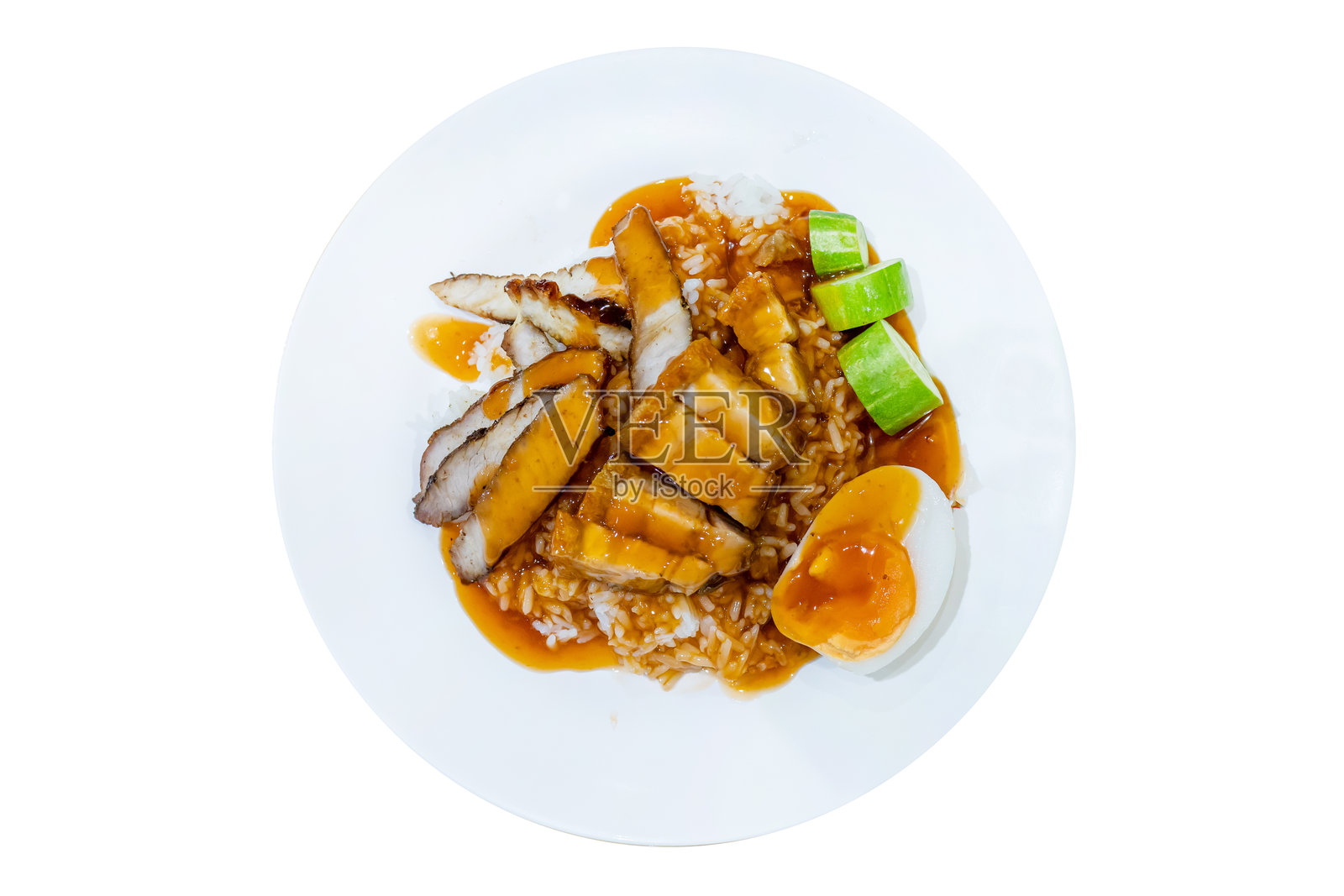 红烧肉和脆皮肉饭的俯视图，聚焦选择性拍摄照片摄影图片