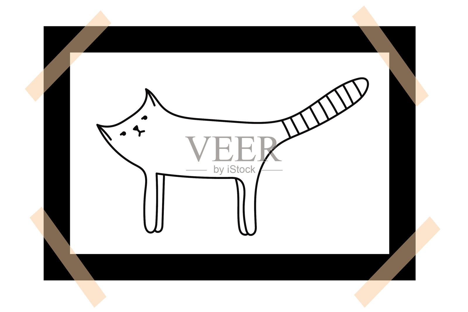 可爱的猫咪照片框，带有胶带。波拉罗伊德框架上的涂鸦猫插图。插画图片素材