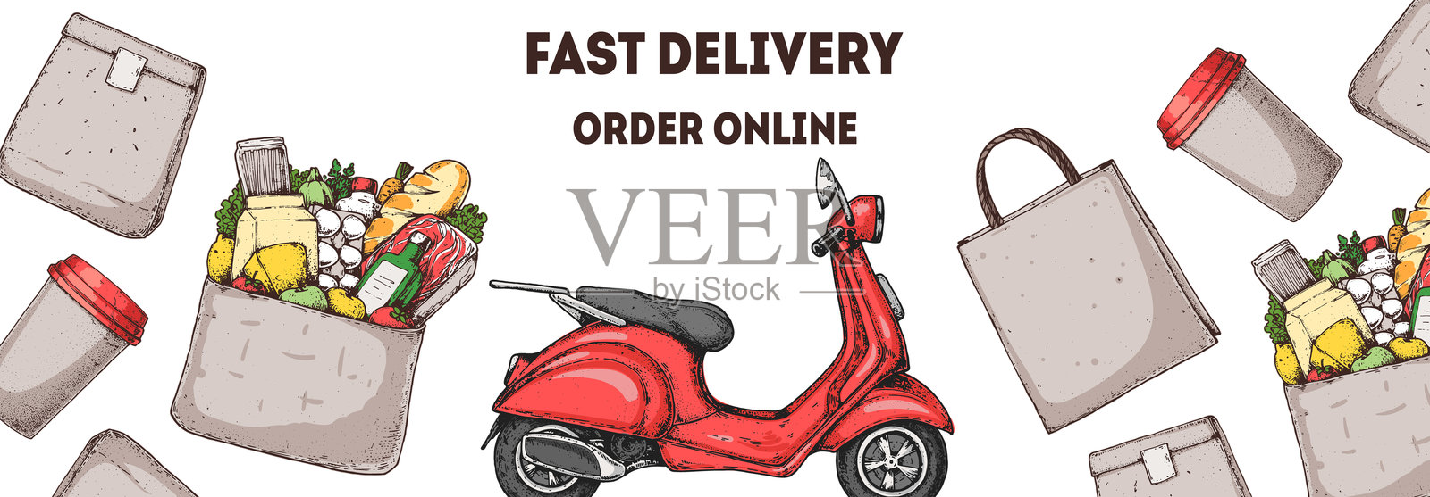 手绘食品配送滑板车。货物配送。矢量插图。物流与配送滑板车。快速食品配送。插画图片素材